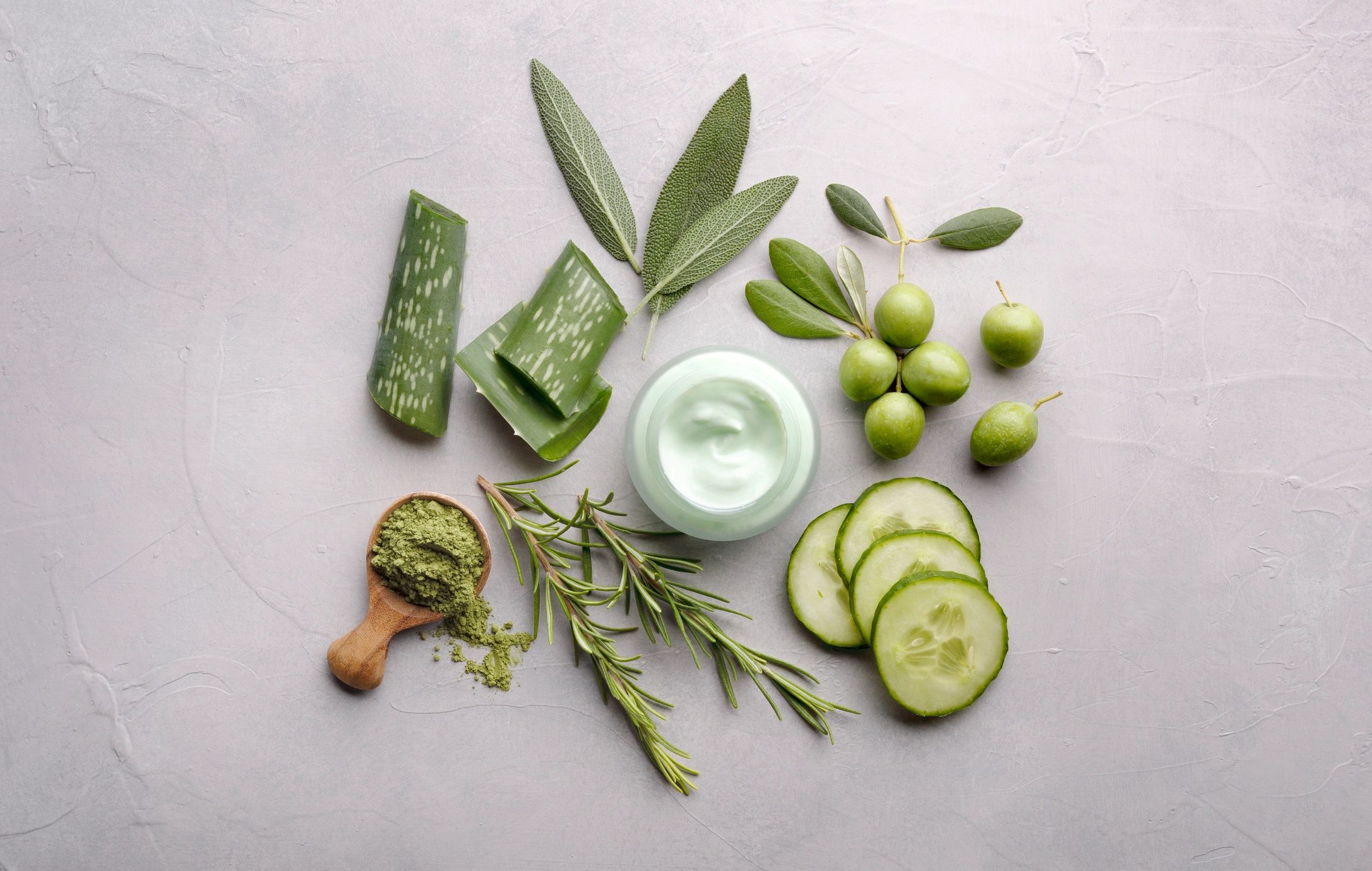Natural cosmetic ingredients arranged for skincare